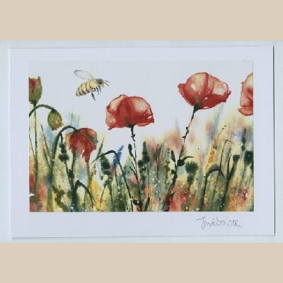 Poppies & Bee watercolour print greeting card