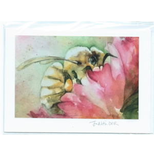 watercolour print of a bee with a pink flower