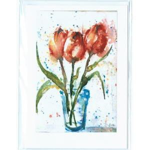 watercolour image of red tulips in a glass vase