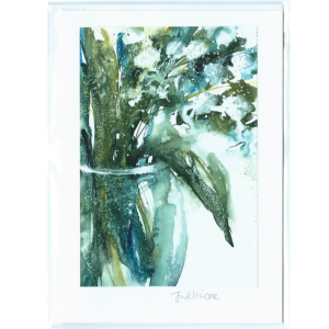 watercolour image of a glass vase with greenery