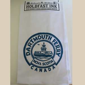 White cotton tea towel with blue image of a passenger ferry with the words Dartmouth Ferry Nova Scotia canada